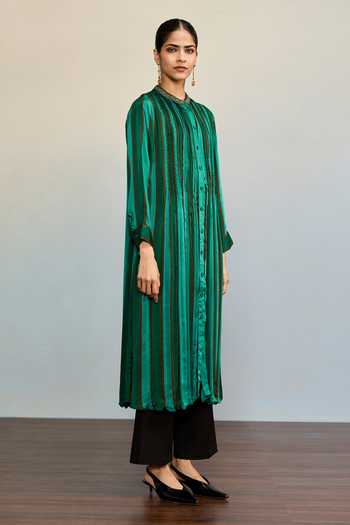 Buy Ritu Kumar Green Satin Mandarin Collar Blush Striped Kurta Online at Aza Fashions Buy_Ritu Kumar_Green Satin Mandarin Collar Blush Striped Kurta _Online_at_Aza_Fashions