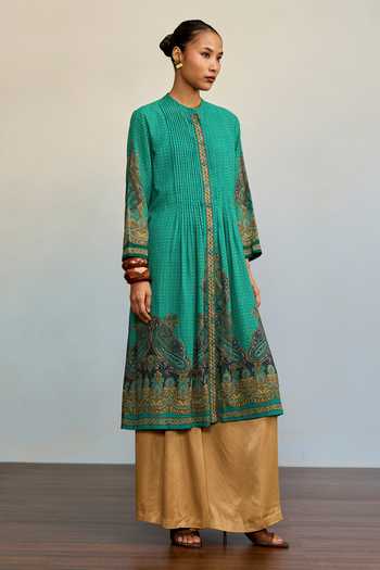Shop Ritu Kumar Green Georgette, Viscose, Cotton Mandarin Collar Vandana Printed Kurta Online at Aza Fashions Shop_Ritu Kumar_Green Georgette, Viscose, Cotton Mandarin Collar Vandana Printed Kurta _Online_at_Aza_Fashions