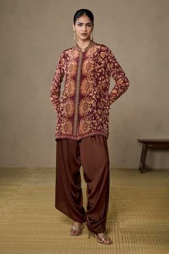 Buy_Ritu Kumar_Beige Crepe, Rayon Mandarin Collar, Yes Koyel Floral Print Short Kurta _Online_at_Aza_Fashions