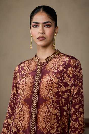 Shop_Ritu Kumar_Beige Crepe, Rayon Mandarin Collar, Yes Koyel Floral Print Short Kurta _Online_at_Aza_Fashions