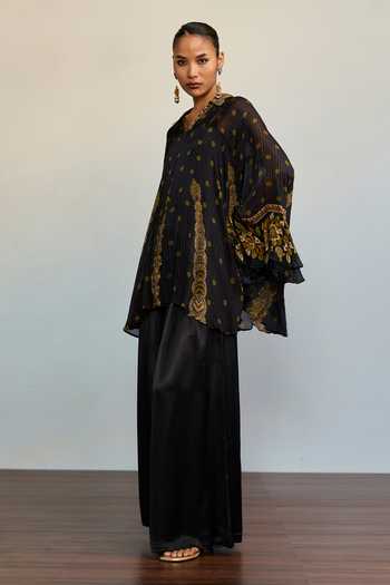 Ritu Kumar_Black Viscose, Chinon V-, Collared Prithvi Floral Print Short Kurta _Online_at_Aza_Fashions