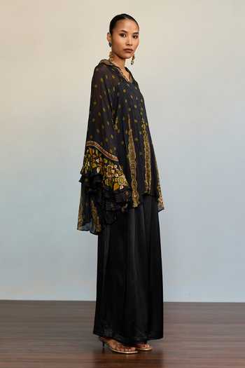 Buy_Ritu Kumar_Black Viscose, Chinon V-, Collared Prithvi Floral Print Short Kurta _Online_at_Aza_Fashions