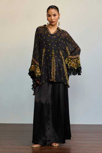 Shop_Ritu Kumar_Black Viscose, Chinon V-, Collared Prithvi Floral Print Short Kurta _Online_at_Aza_Fashions