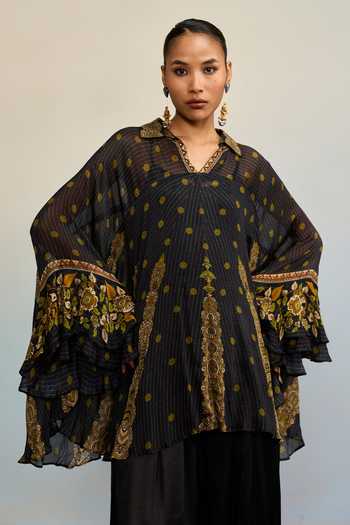 Ritu Kumar_Black Viscose, Chinon V-, Collared Prithvi Floral Print Short Kurta _at_Aza_Fashions