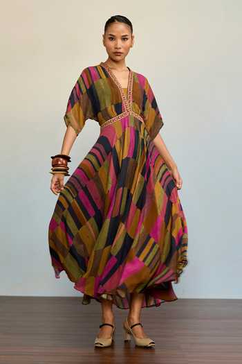 Ritu Kumar Multi Color Crepe, Rayon, Viscose, Lycra, Jersey Bauhaus Geometric Print Dress Online at Aza Fashions Ritu Kumar_Multi Color Crepe, Rayon, Viscose, Lycra, Jersey Bauhaus Geometric Print Dress _Online_at_Aza_Fashions