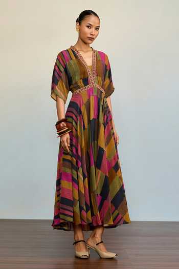 Buy Ritu Kumar Multi Color Crepe, Rayon, Viscose, Lycra, Jersey Bauhaus Geometric Print Dress Online at Aza Fashions Buy_Ritu Kumar_Multi Color Crepe, Rayon, Viscose, Lycra, Jersey Bauhaus Geometric Print Dress _Online_at_Aza_Fashions