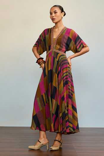 Shop Ritu Kumar Multi Color Crepe, Rayon, Viscose, Lycra, Jersey Bauhaus Geometric Print Dress Online at Aza Fashions Shop_Ritu Kumar_Multi Color Crepe, Rayon, Viscose, Lycra, Jersey Bauhaus Geometric Print Dress _Online_at_Aza_Fashions