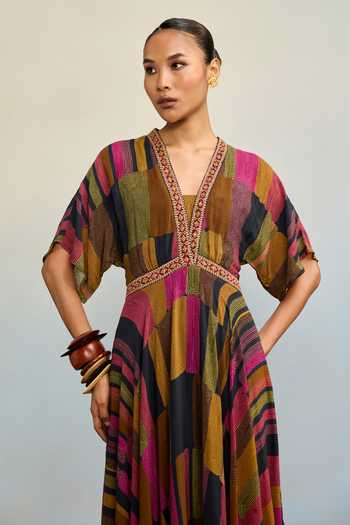 Ritu Kumar Multi Color Crepe, Rayon, Viscose, Lycra, Jersey Bauhaus Geometric Print Dress at Aza Fashions Ritu Kumar_Multi Color Crepe, Rayon, Viscose, Lycra, Jersey Bauhaus Geometric Print Dress _at_Aza_Fashions
