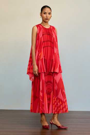 Ritu Kumar Red Georgette, Polyester Round Neck Urbanrap Abstract Print Layered Dress Online at Aza Fashions Ritu Kumar_Red Georgette, Polyester Round Neck Urbanrap Abstract Print Layered Dress _Online_at_Aza_Fashions