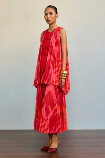 Buy Ritu Kumar Red Georgette, Polyester Round Neck Urbanrap Abstract Print Layered Dress Online at Aza Fashions Buy_Ritu Kumar_Red Georgette, Polyester Round Neck Urbanrap Abstract Print Layered Dress _Online_at_Aza_Fashions
