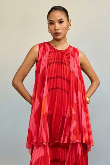Shop Ritu Kumar Red Georgette, Polyester Round Neck Urbanrap Abstract Print Layered Dress Online at Aza Fashions Shop_Ritu Kumar_Red Georgette, Polyester Round Neck Urbanrap Abstract Print Layered Dress _Online_at_Aza_Fashions