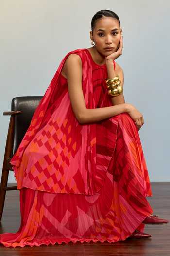 Buy Ritu Kumar Red Georgette, Polyester Round Neck Urbanrap Abstract Print Layered Dress Buy_Ritu Kumar_Red Georgette, Polyester Round Neck Urbanrap Abstract Print Layered Dress