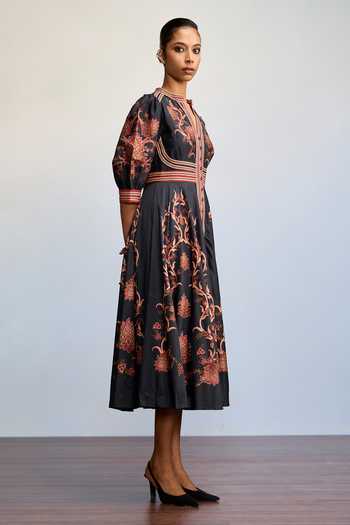 Ritu Kumar_Black Chanderi Silk Mandarin Collar Kiyomi Printed Dress _Online_at_Aza_Fashions