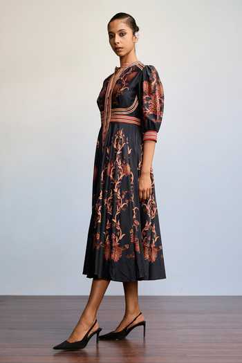 Buy_Ritu Kumar_Black Chanderi Silk Mandarin Collar Kiyomi Printed Dress _Online_at_Aza_Fashions