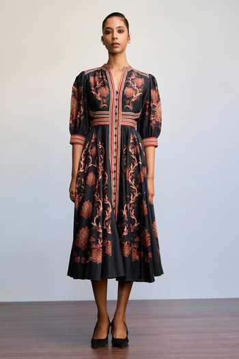 Shop_Ritu Kumar_Black Chanderi Silk Mandarin Collar Kiyomi Printed Dress _Online_at_Aza_Fashions