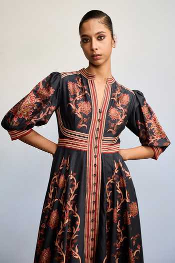 Ritu Kumar_Black Chanderi Silk Mandarin Collar Kiyomi Printed Dress _at_Aza_Fashions