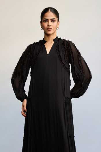 Ritu Kumar Black Viscose, Chinon V-neck Labyrinth Solid Frill Dress Online at Aza Fashions Ritu Kumar_Black Viscose, Chinon V-neck Labyrinth Solid Frill Dress _Online_at_Aza_Fashions