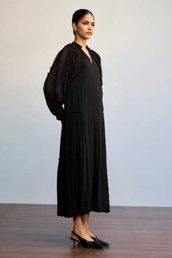 Buy Ritu Kumar Black Viscose, Chinon V-neck Labyrinth Solid Frill Dress Online at Aza Fashions Buy_Ritu Kumar_Black Viscose, Chinon V-neck Labyrinth Solid Frill Dress _Online_at_Aza_Fashions