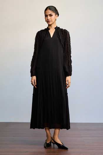 Shop Ritu Kumar Black Viscose, Chinon V-neck Labyrinth Solid Frill Dress Online at Aza Fashions Shop_Ritu Kumar_Black Viscose, Chinon V-neck Labyrinth Solid Frill Dress _Online_at_Aza_Fashions