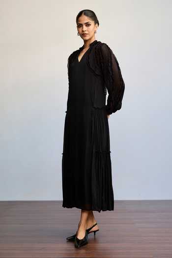 Ritu Kumar Black Viscose, Chinon V-neck Labyrinth Solid Frill Dress at Aza Fashions Ritu Kumar_Black Viscose, Chinon V-neck Labyrinth Solid Frill Dress _at_Aza_Fashions