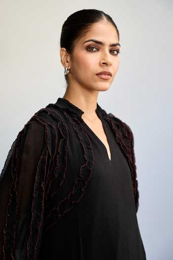 Buy Ritu Kumar Black Viscose, Chinon V-neck Labyrinth Solid Frill Dress Buy_Ritu Kumar_Black Viscose, Chinon V-neck Labyrinth Solid Frill Dress