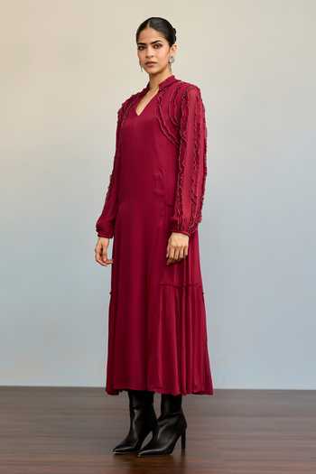 Ritu Kumar Maroon Viscose Mandarin Collar Labyrinth Solid Frill Dress Online at Aza Fashions Ritu Kumar_Maroon Viscose Mandarin Collar Labyrinth Solid Frill Dress _Online_at_Aza_Fashions