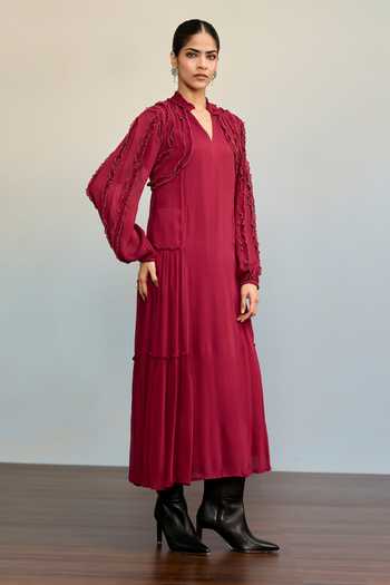 Buy Ritu Kumar Maroon Viscose Mandarin Collar Labyrinth Solid Frill Dress Online at Aza Fashions Buy_Ritu Kumar_Maroon Viscose Mandarin Collar Labyrinth Solid Frill Dress _Online_at_Aza_Fashions