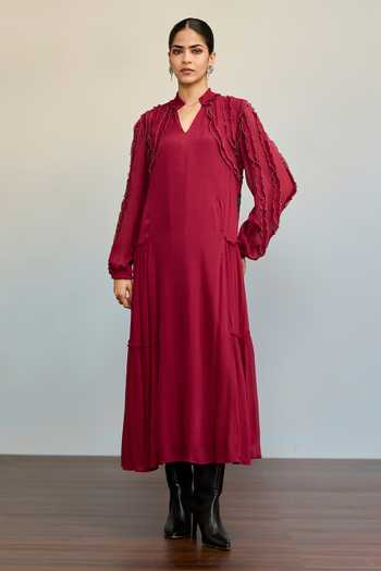 Shop Ritu Kumar Maroon Viscose Mandarin Collar Labyrinth Solid Frill Dress Online at Aza Fashions Shop_Ritu Kumar_Maroon Viscose Mandarin Collar Labyrinth Solid Frill Dress _Online_at_Aza_Fashions