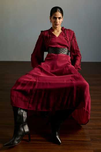 Ritu Kumar Maroon Viscose Mandarin Collar Labyrinth Solid Frill Dress at Aza Fashions Ritu Kumar_Maroon Viscose Mandarin Collar Labyrinth Solid Frill Dress _at_Aza_Fashions