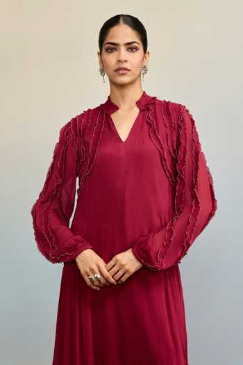 Buy Ritu Kumar Maroon Viscose Mandarin Collar Labyrinth Solid Frill Dress Buy_Ritu Kumar_Maroon Viscose Mandarin Collar Labyrinth Solid Frill Dress