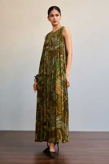 Ritu Kumar_Olive Green Viscose, Chinon Round Neck Kyliee Printed Long Dress _Online_at_Aza_Fashions