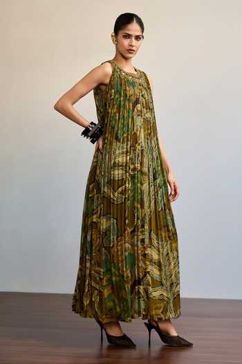 Buy_Ritu Kumar_Olive Green Viscose, Chinon Round Neck Kyliee Printed Long Dress _Online_at_Aza_Fashions