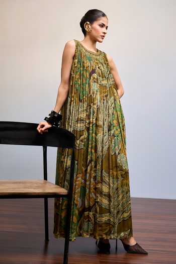 Shop_Ritu Kumar_Olive Green Viscose, Chinon Round Neck Kyliee Printed Long Dress _Online_at_Aza_Fashions