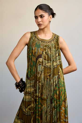 Ritu Kumar_Olive Green Viscose, Chinon Round Neck Kyliee Printed Long Dress _at_Aza_Fashions