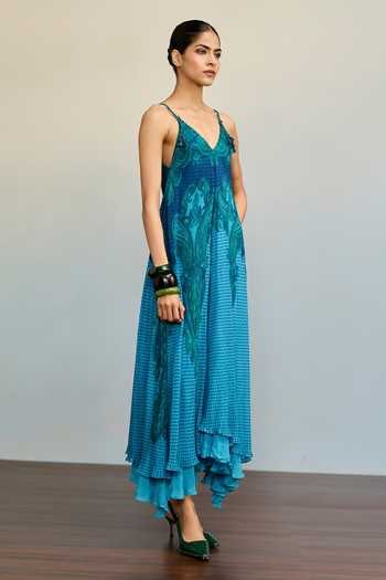 Ritu Kumar Blue Viscose, Chinon V-neck Vandana Printed Sleeveless Dress Online at Aza Fashions Ritu Kumar_Blue Viscose, Chinon V-neck Vandana Printed Sleeveless Dress _Online_at_Aza_Fashions