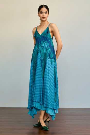 Buy Ritu Kumar Blue Viscose, Chinon V-neck Vandana Printed Sleeveless Dress Online at Aza Fashions Buy_Ritu Kumar_Blue Viscose, Chinon V-neck Vandana Printed Sleeveless Dress _Online_at_Aza_Fashions