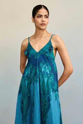 Shop Ritu Kumar Blue Viscose, Chinon V-neck Vandana Printed Sleeveless Dress Online at Aza Fashions Shop_Ritu Kumar_Blue Viscose, Chinon V-neck Vandana Printed Sleeveless Dress _Online_at_Aza_Fashions