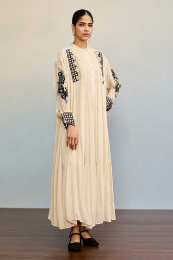 Ritu Kumar Beige Viscose, Chinon Mandarin Collar Jardin Solid Ecru Long Dress Online at Aza Fashions Ritu Kumar_Beige Viscose, Chinon Mandarin Collar Jardin Solid Ecru Long Dress _Online_at_Aza_Fashions