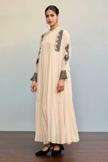 Buy Ritu Kumar Beige Viscose, Chinon Mandarin Collar Jardin Solid Ecru Long Dress Online at Aza Fashions Buy_Ritu Kumar_Beige Viscose, Chinon Mandarin Collar Jardin Solid Ecru Long Dress _Online_at_Aza_Fashions