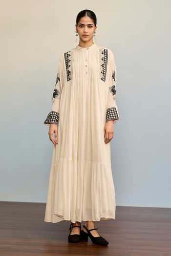 Shop Ritu Kumar Beige Viscose, Chinon Mandarin Collar Jardin Solid Ecru Long Dress Online at Aza Fashions Shop_Ritu Kumar_Beige Viscose, Chinon Mandarin Collar Jardin Solid Ecru Long Dress _Online_at_Aza_Fashions