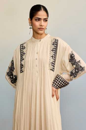 Ritu Kumar Beige Viscose, Chinon Mandarin Collar Jardin Solid Ecru Long Dress at Aza Fashions Ritu Kumar_Beige Viscose, Chinon Mandarin Collar Jardin Solid Ecru Long Dress _at_Aza_Fashions