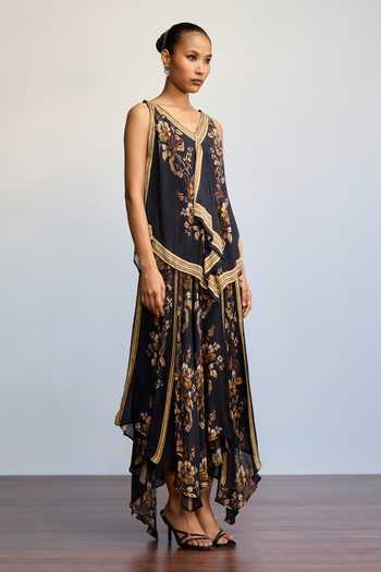 Ritu Kumar Black Viscose, Chinon V-neck Jardin Print Long Dress Online at Aza Fashions Ritu Kumar_Black Viscose, Chinon V-neck Jardin Print Long Dress _Online_at_Aza_Fashions
