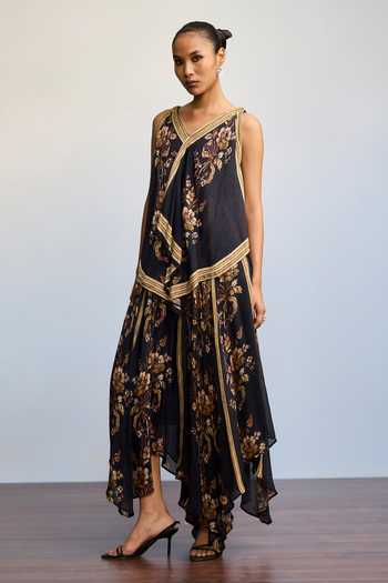 Shop Ritu Kumar Black Viscose, Chinon V-neck Jardin Print Long Dress Online at Aza Fashions Shop_Ritu Kumar_Black Viscose, Chinon V-neck Jardin Print Long Dress _Online_at_Aza_Fashions