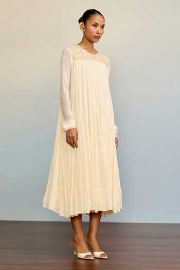 Ritu Kumar_Beige Viscose, Chinon Round Neck Ahram Ecru Long Dress _Online_at_Aza_Fashions