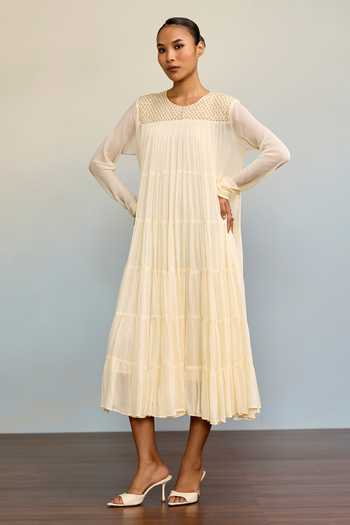 Buy_Ritu Kumar_Beige Viscose, Chinon Round Neck Ahram Ecru Long Dress _Online_at_Aza_Fashions