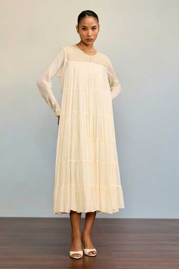 Shop_Ritu Kumar_Beige Viscose, Chinon Round Neck Ahram Ecru Long Dress _Online_at_Aza_Fashions