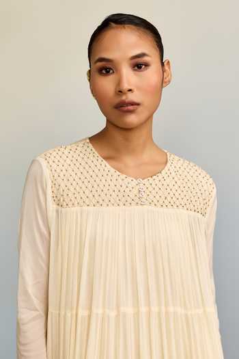 Ritu Kumar_Beige Viscose, Chinon Round Neck Ahram Ecru Long Dress _at_Aza_Fashions