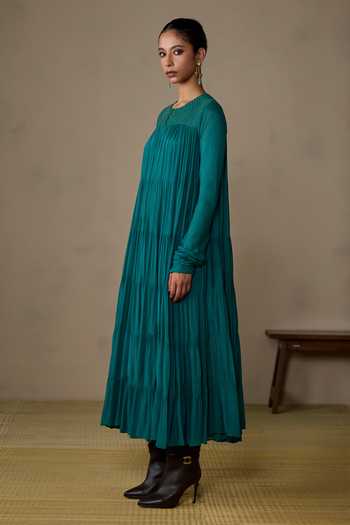 Ritu Kumar_Blue Viscose, Chinon Round Neck Ahram Teal Long Dress _Online_at_Aza_Fashions