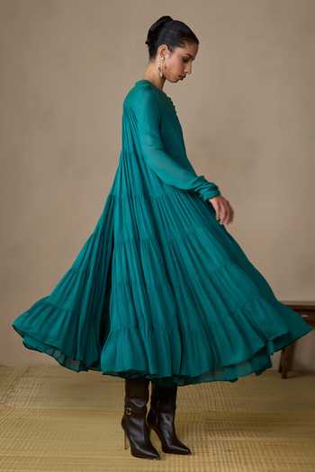 Buy_Ritu Kumar_Blue Viscose, Chinon Round Neck Ahram Teal Long Dress _Online_at_Aza_Fashions