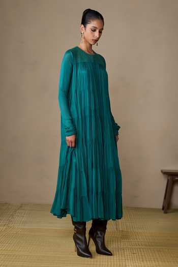 Shop_Ritu Kumar_Blue Viscose, Chinon Round Neck Ahram Teal Long Dress _Online_at_Aza_Fashions